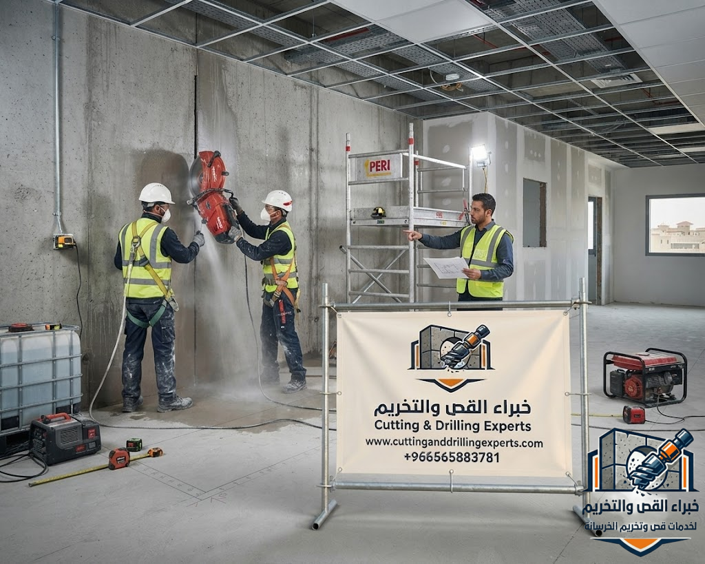 فتح أبواب ونوافذ في الجدران الخرسانية بحي العزيزية مكة باستخدام معدات القص الماسي مع الحفاظ على سلامة الهيكل الخرساني